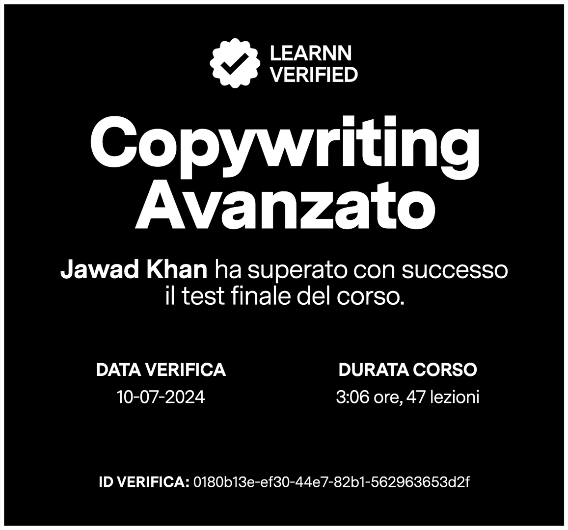 Certificato di test superato del corso Copywriting Avanzato di Learnn