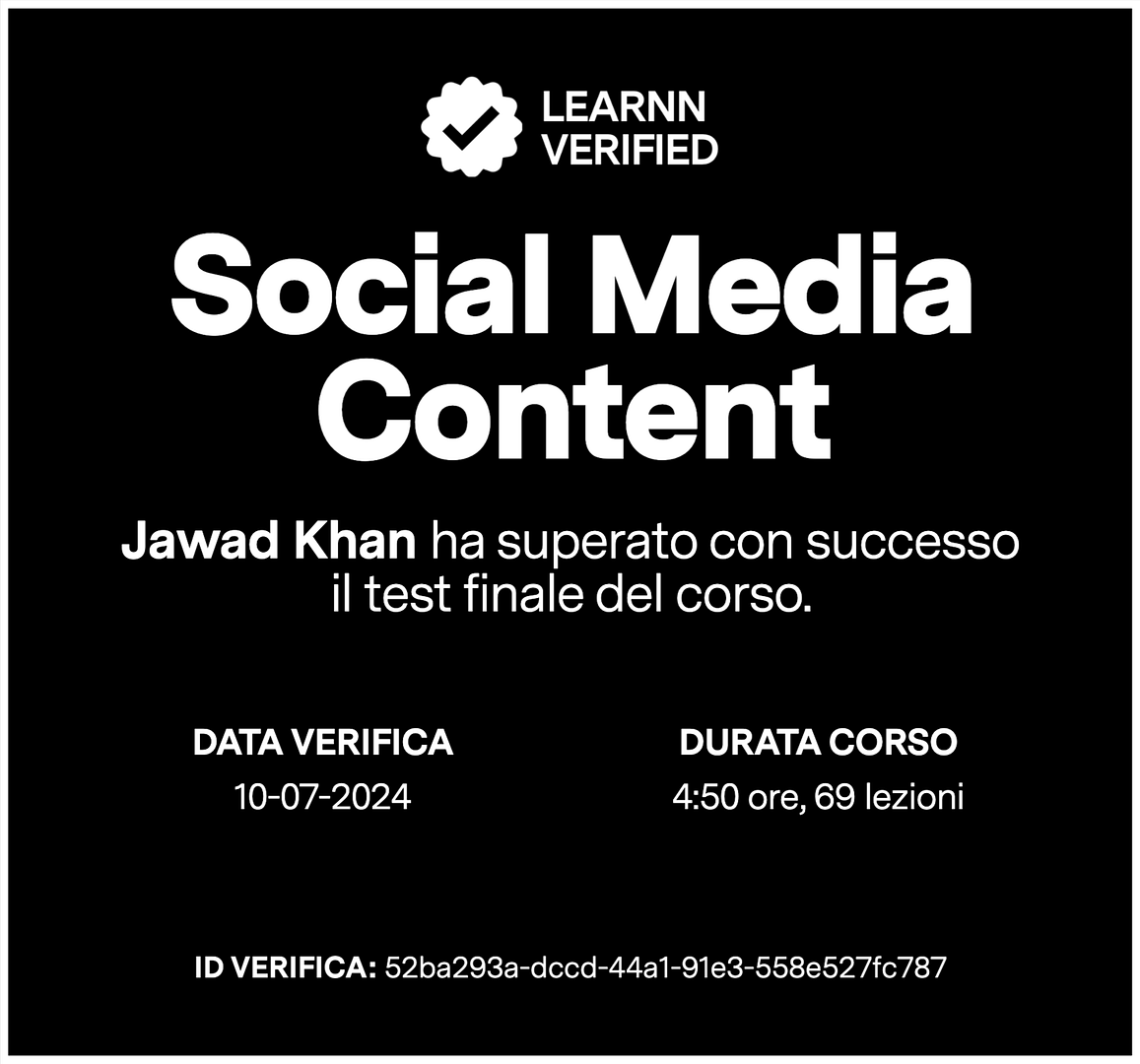 Certificato di test superato del corso Social Media Content di Learnn