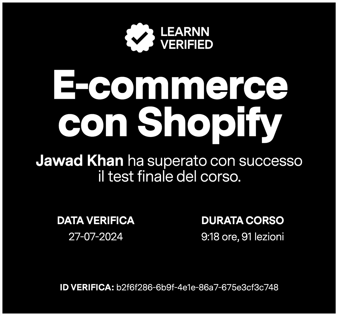 Certificato di test superato del corso E-commerce con Shopify di Learnn
