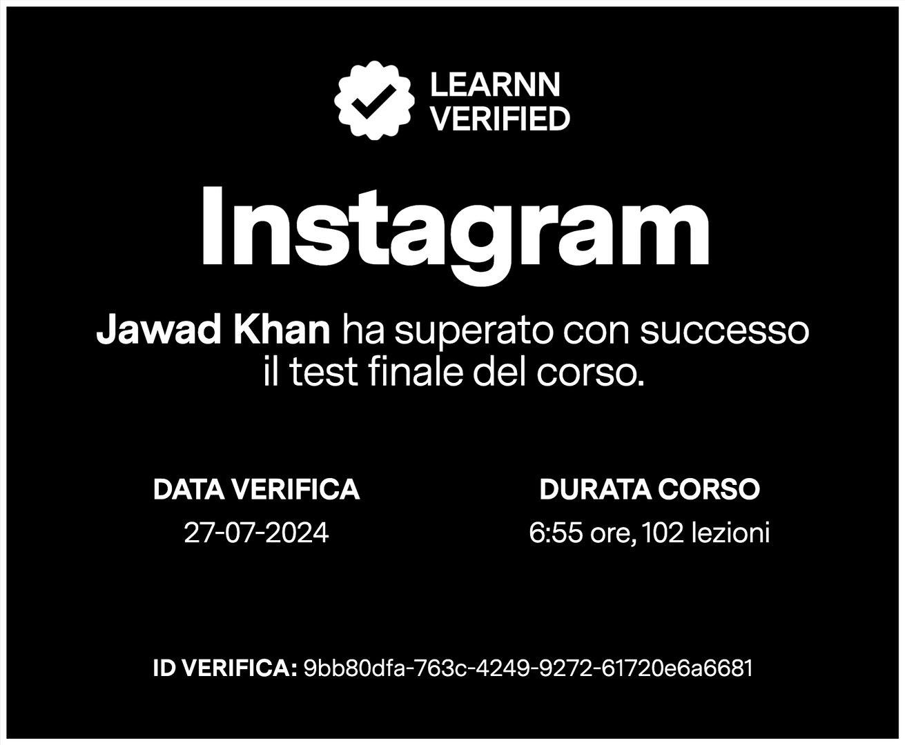 Certificato di test superato del corso Instagram di Learnn