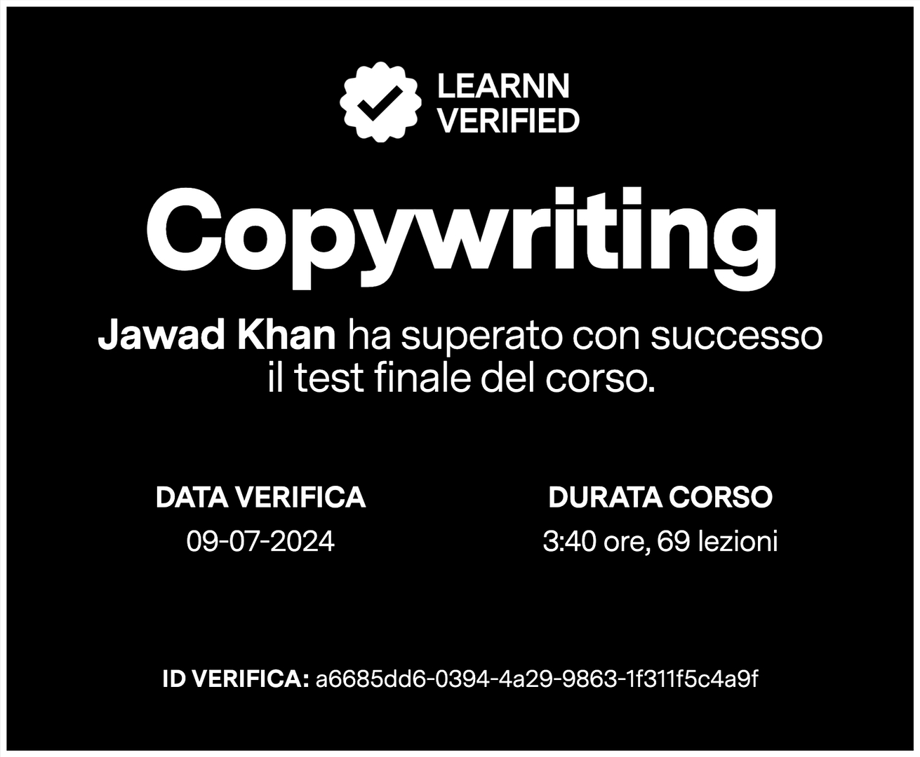 Certificato di test superato del corso Copywriting di Learnn