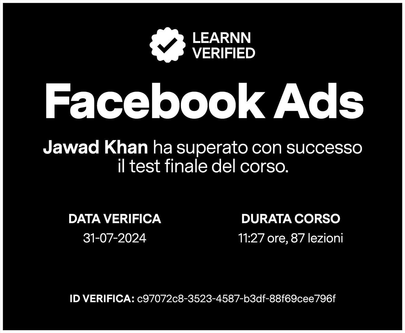 Certificato di test superato del corso Facebook Ads di Learnn