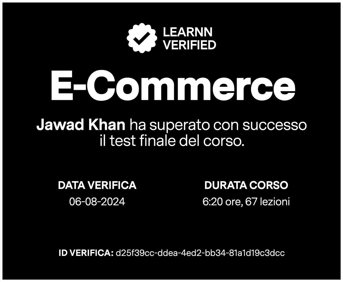Certificato di test superato del corso E-Commerce di Learnn