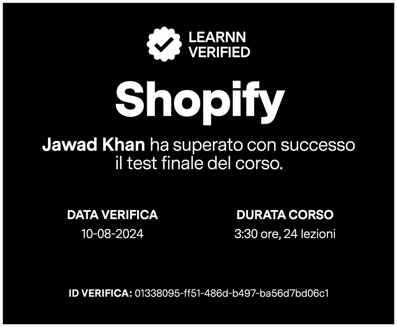 Certificato di test superato del corso Shopify di Learnn