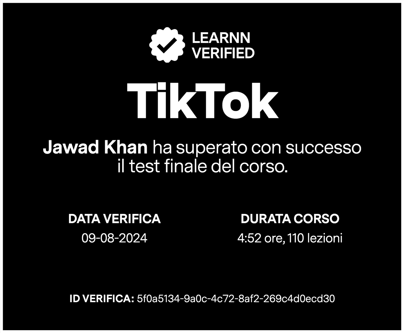 Certificato di test superato del corso TikTok di Learnn