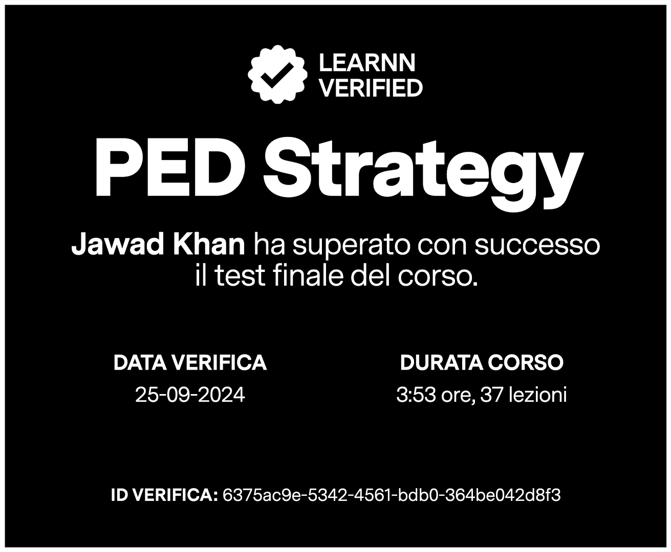 Certificato di test superato del corso PED Strategy di Learnn