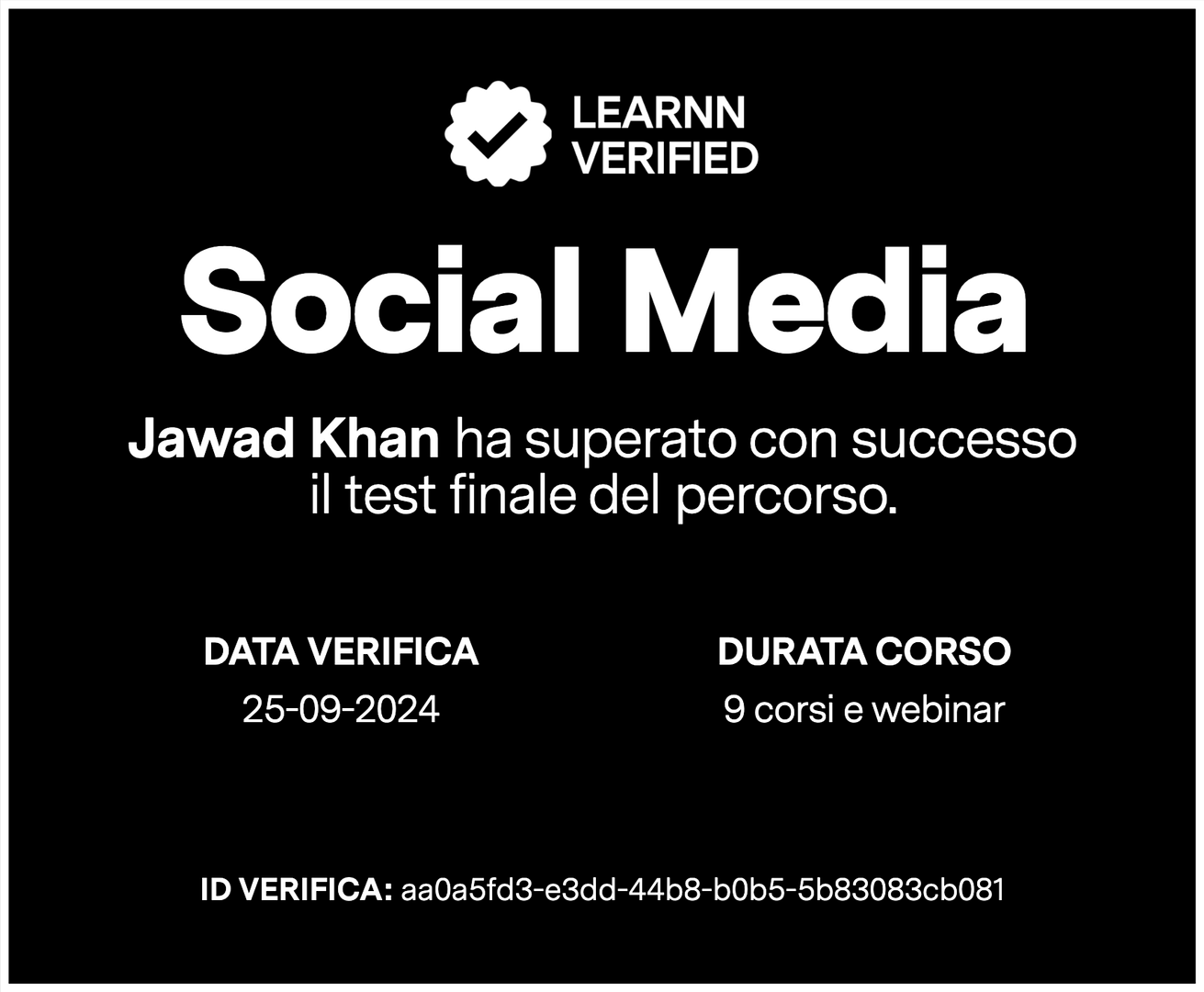 Certificato di test finale superato del percorso Social Media di Learnn