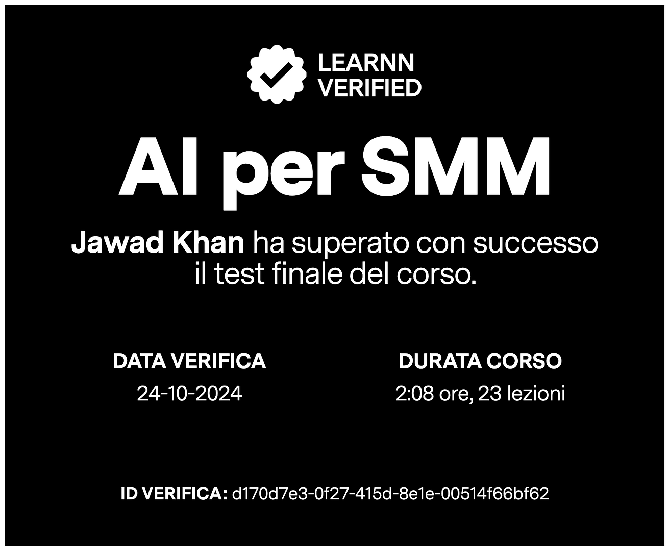 Certificato di test superato del corso AI per SMM di Learnn