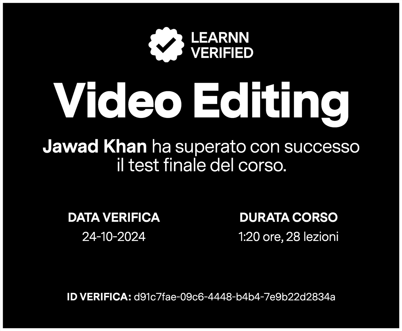 Certificato di test superato del corso Video Editing di Learnn